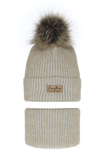 Ensemble d'hiver fille: bonnet et snood, beige, avec pompon, Floryda