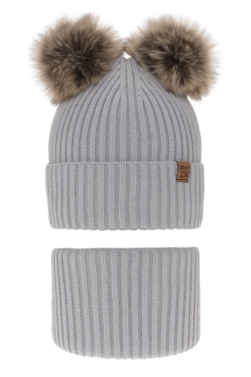 Ensemble d'hiver garçon: bonnet et snood, gris clair, avec deux pompons, Oxford