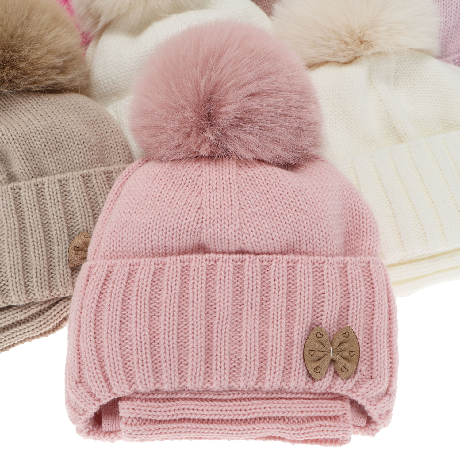 Ensemble d'hiver fille: bonnet et snood, rose clair, avec pompon, Talena