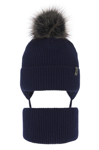 Ensemble d'hiver garçon: bonnet et snood, bleu marine, avec liens, avec pompon, Honed