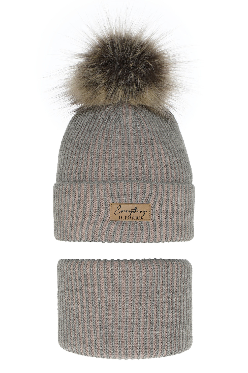 Ensemble d'hiver fille: bonnet et snood, gris, avec pompon, Floryda