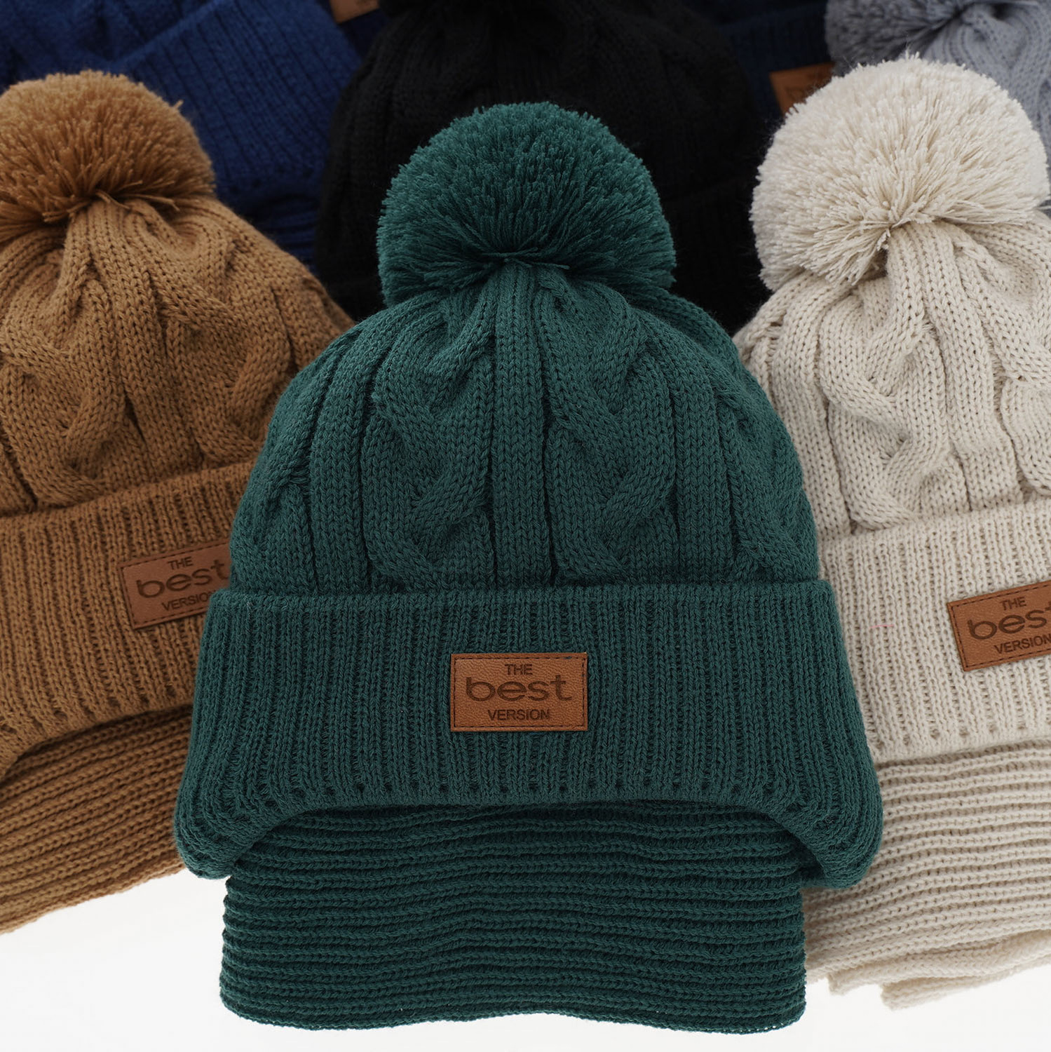 Jongens winter set muts en sjaal, blauw, met garen pompon, met bindkoorden, Remix