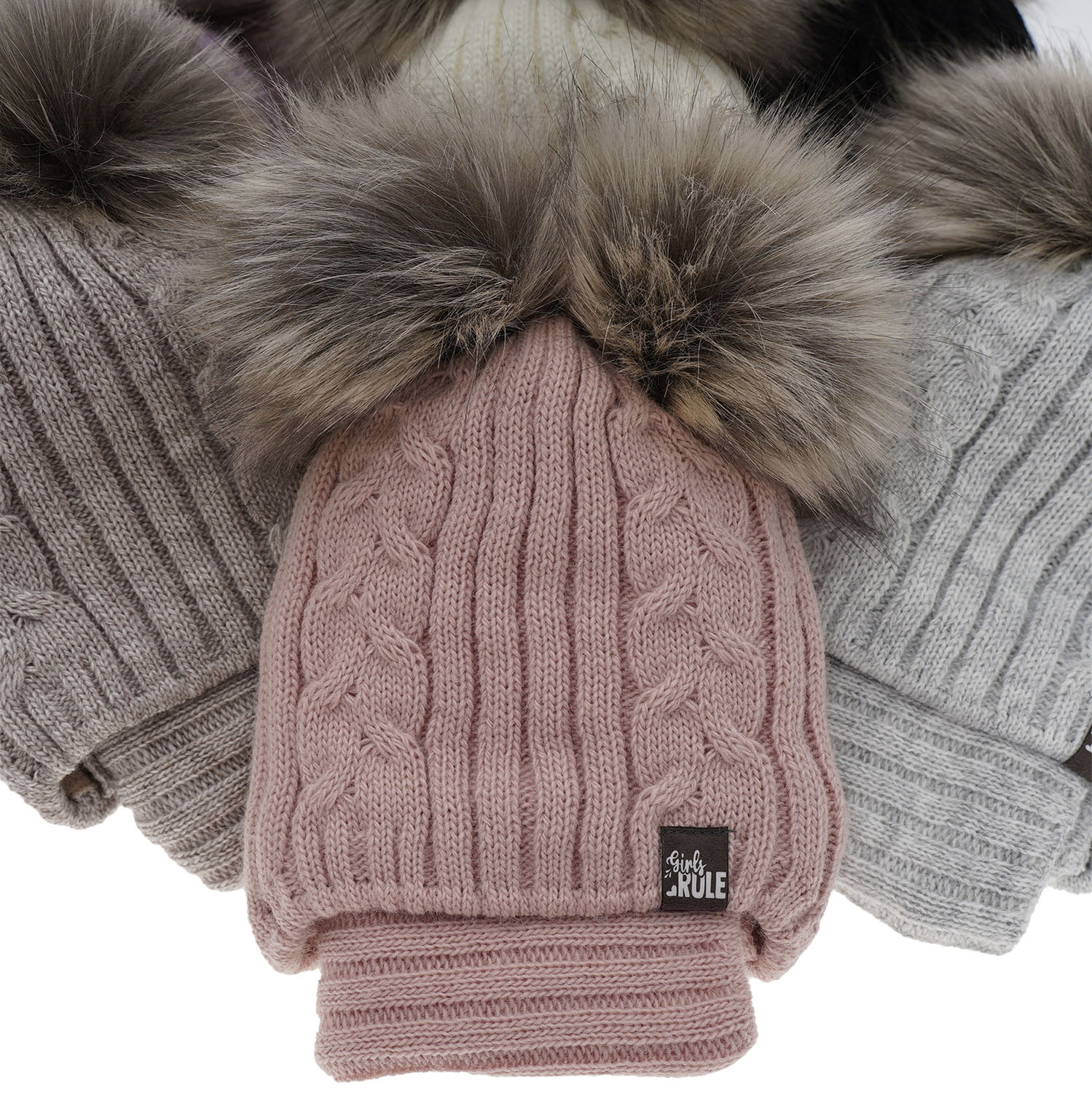 Meisjes winter set muts en buissjaal, roze, met twee pompons, met bindkoorden, Marlen