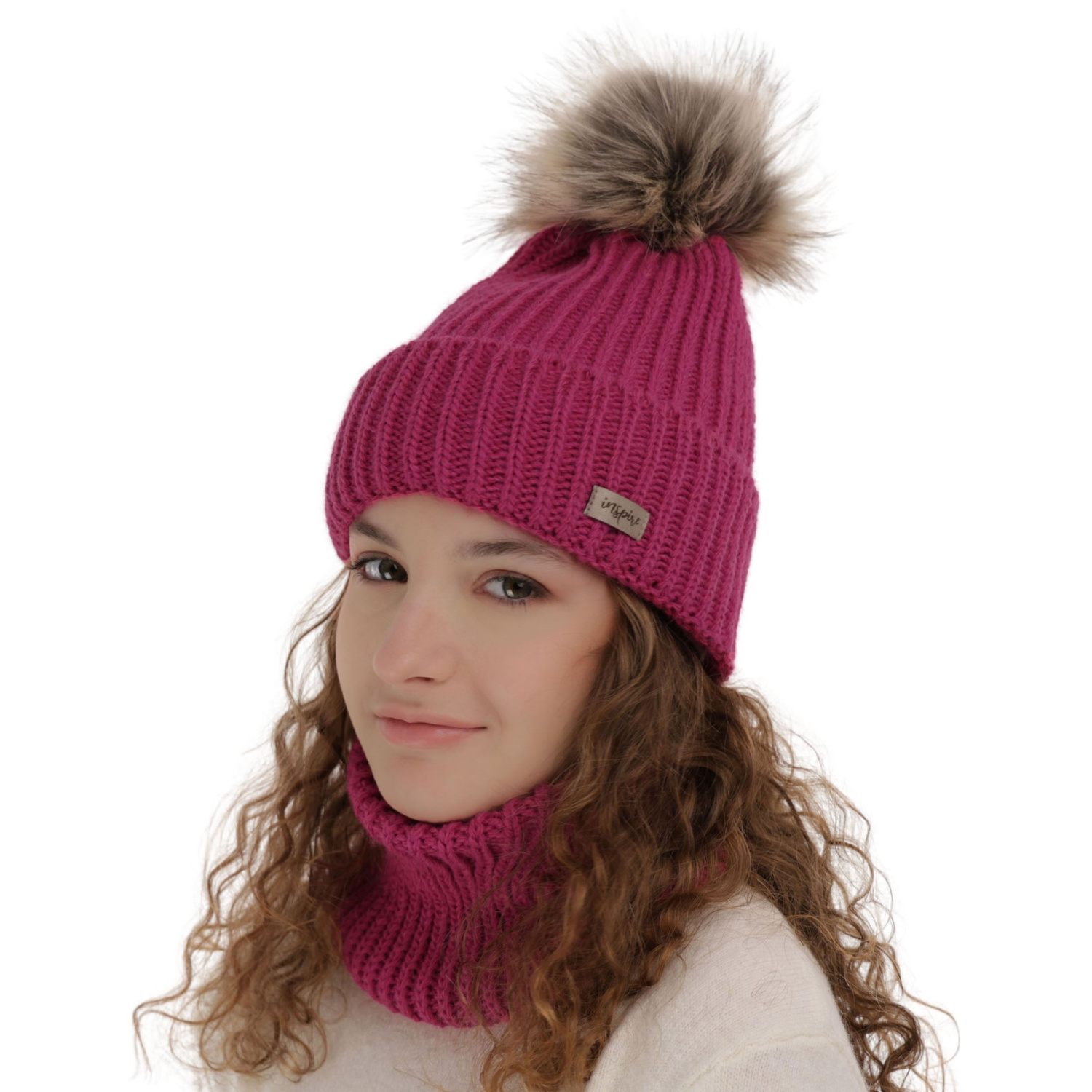 Ensemble d'hiver fille: bonnet et snood, rose, avec pompon, Willow