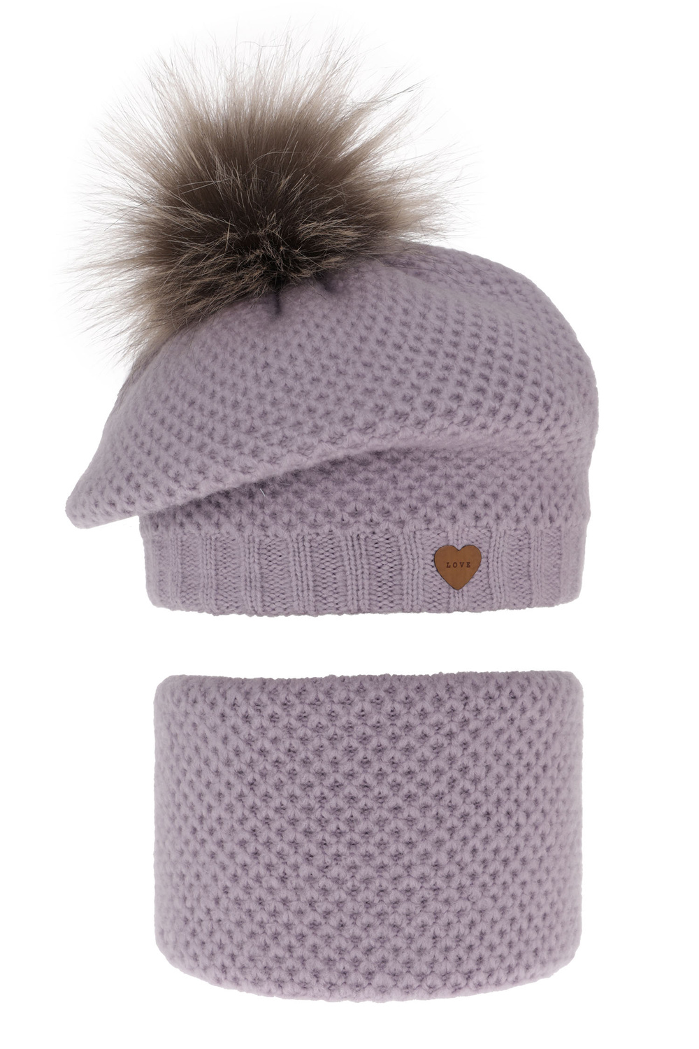 Ensemble d'hiver fille: beret et snood, violet, avec pompon, Francesca