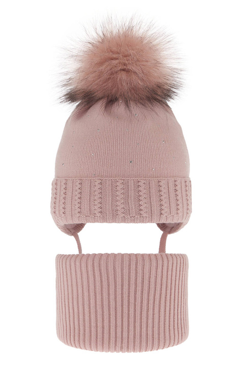 Ensemble d'hiver fille: bonnet et snood, rose, avec pompon, Renia