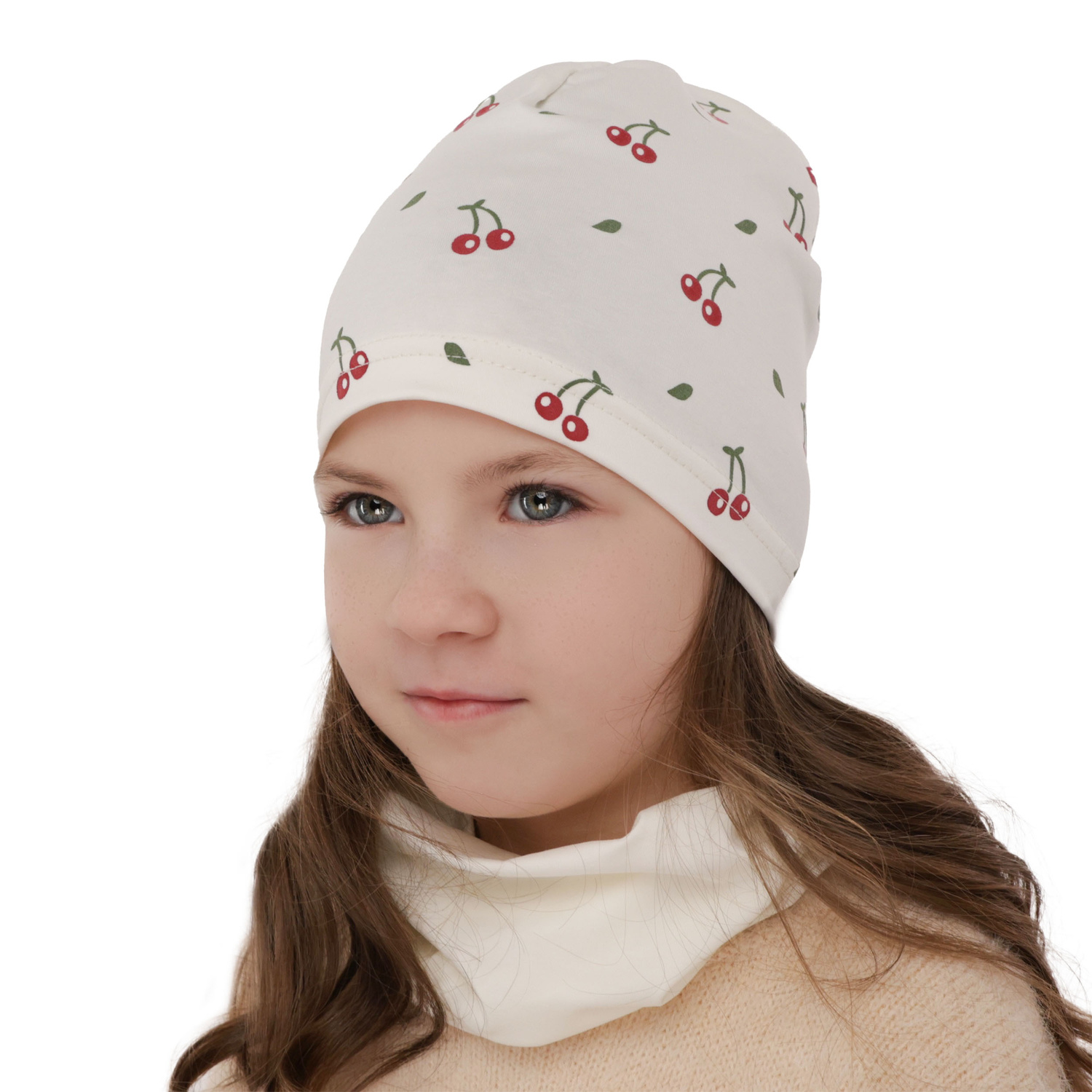 Ensemble automne/printemps fille: bonnet et snood, beige, en coton, Cerise