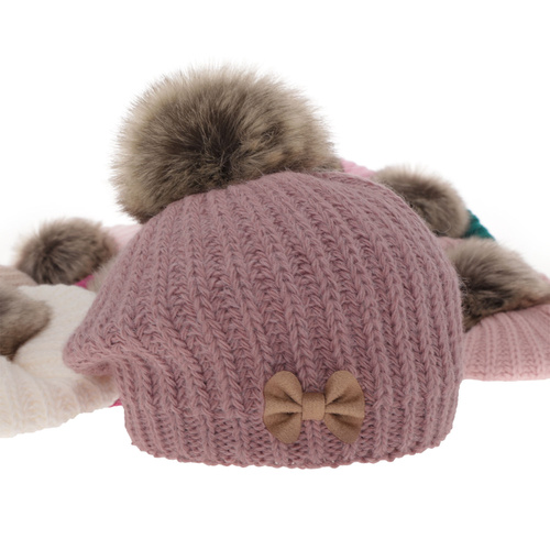 Ensemble d'hiver fille: béret et snood, crème, avec pompon, Polinezja