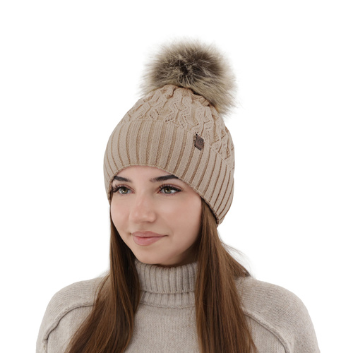 Bonnet d'hiver femme, beige, avec pompon, Katty