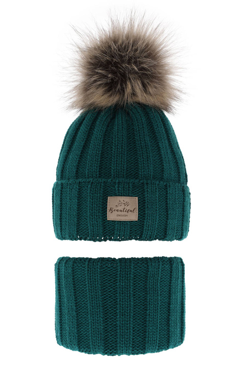 Ensemble d'hiver fille: bonnet et snood, vert émeraude, avec pompon, Kaliope