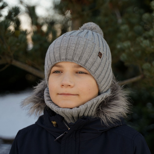 Jongens winter set muts en sjaal, bruin, met garen pompon, Wiliam