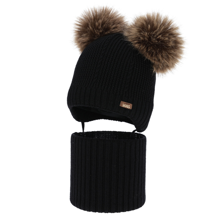 Jongens muts en col, winter set, zwart, 100% merinowol, gevoerd met wollen fleece, Lumio