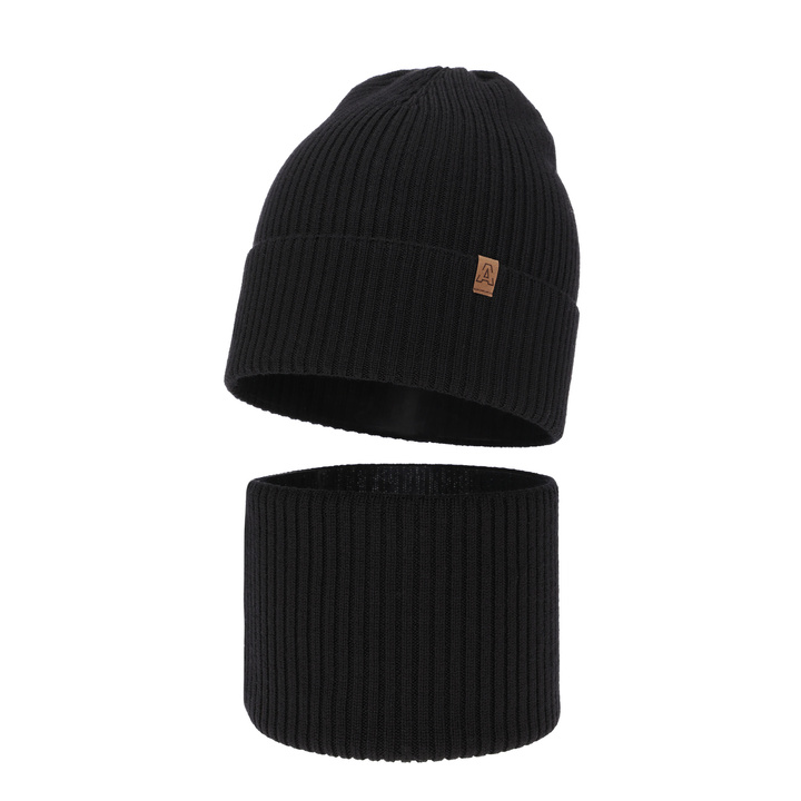 Ensemble automne/printemps garçon: bonnet et snood, 100% laine mérinos, noir, Lemas