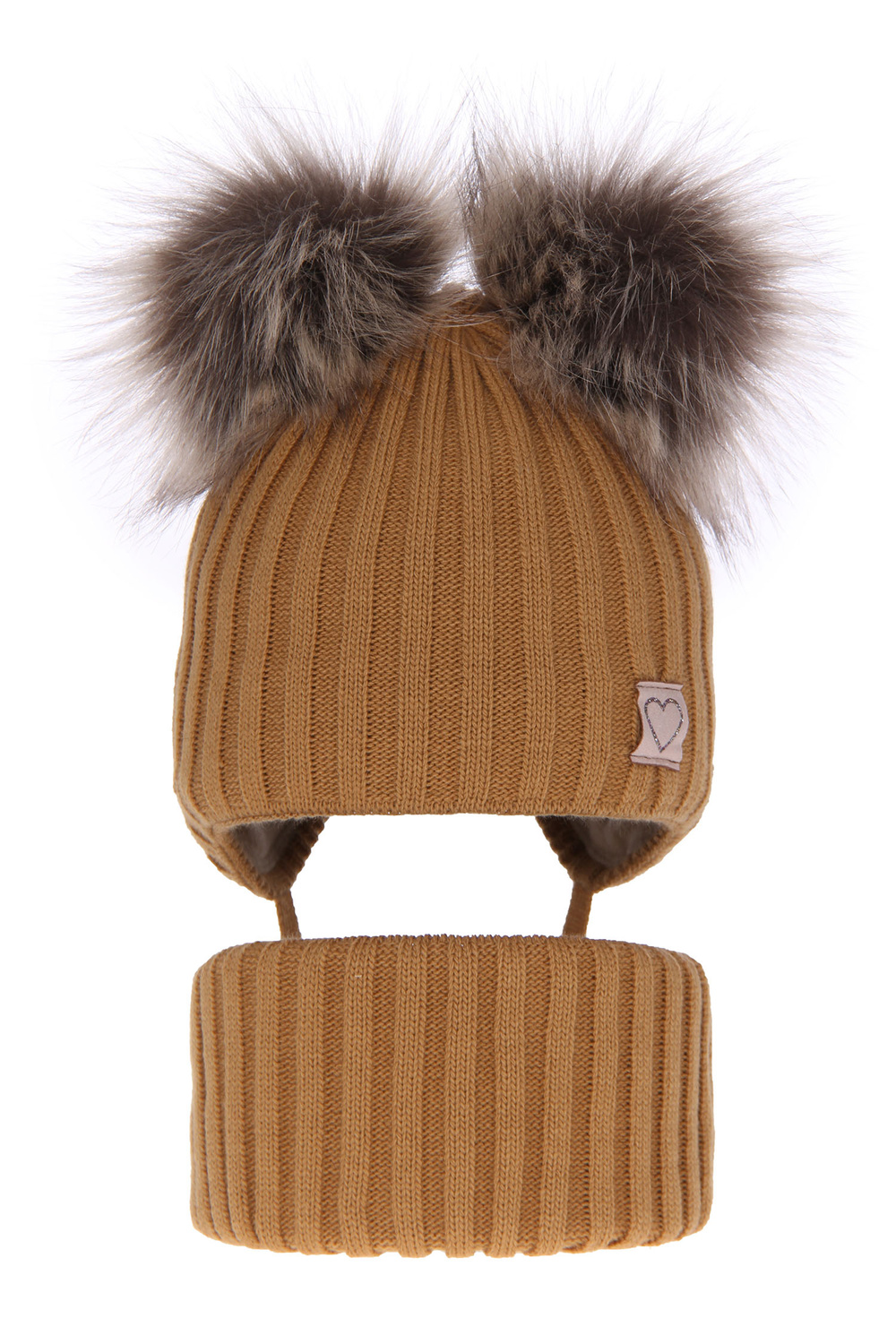 Meisjes winter set muts en buissjaal, camel, met twee pompons, met bindkoorden, Telisa