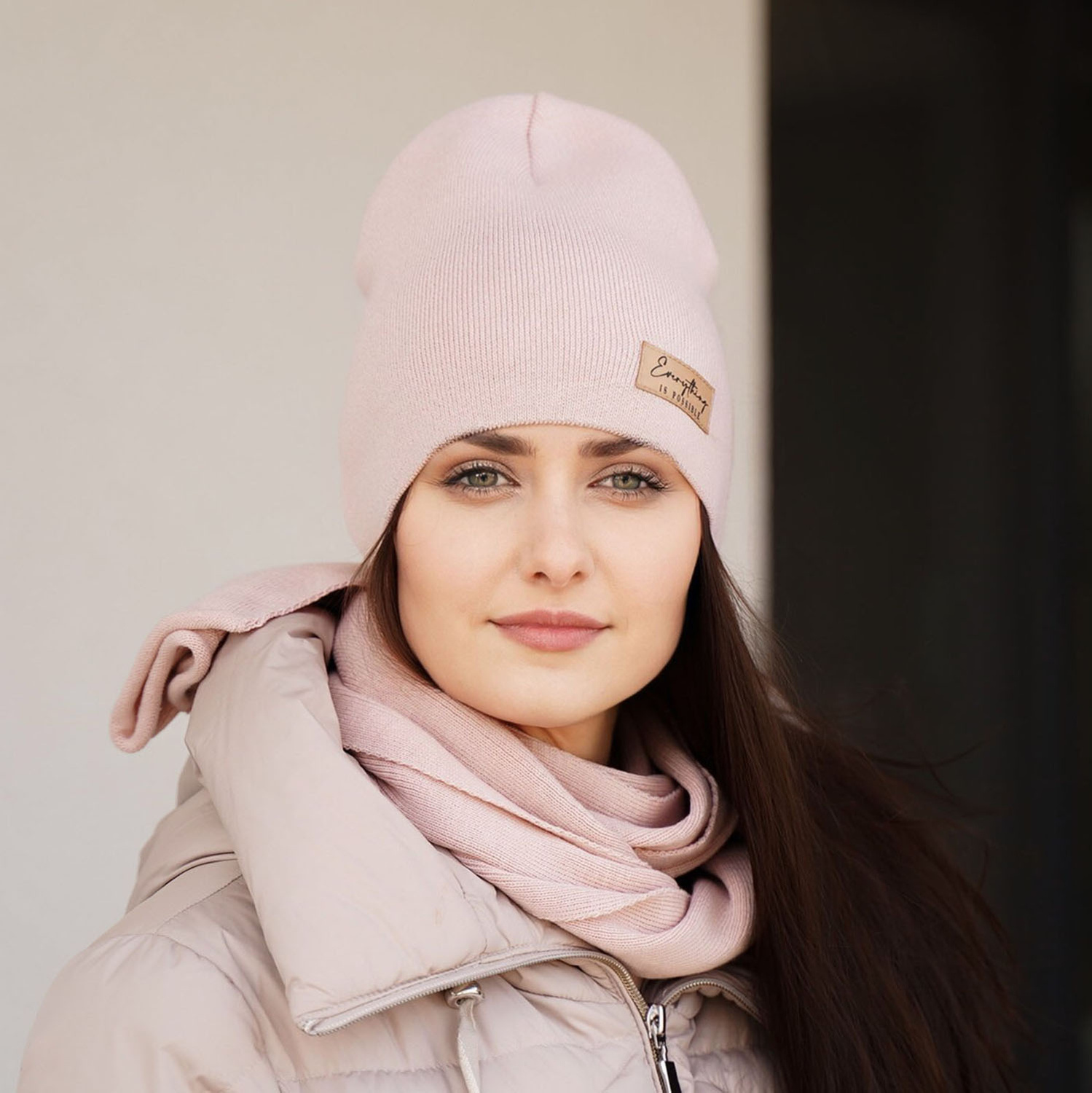 Dames herfst/lente set muts en sjaal, roze, Zula