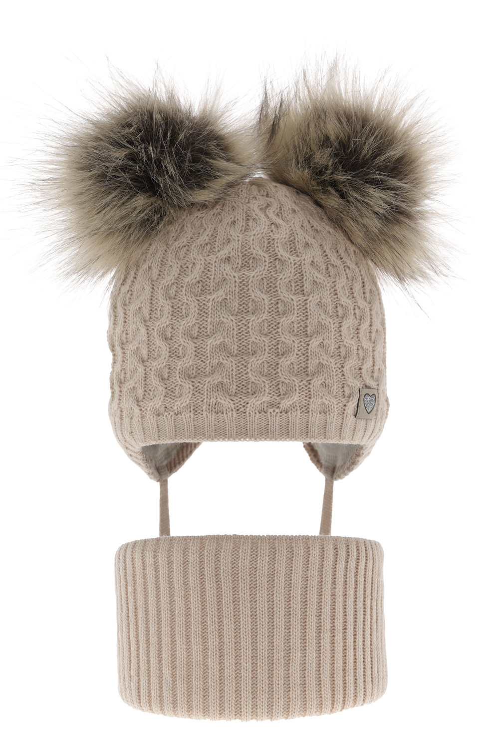 Ensemble d'hiver fille: bonnet et snood, beige, avec deux pompons, avec liens, Poliana