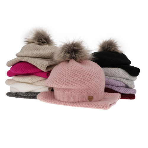 Ensemble d'hiver fille: beret et snood, beige clair, avec pompon, Francesca