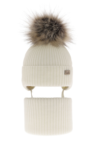 Ensemble d'hiver fille: bonnet et snood, crème, avec liens, avec pompon, Bria