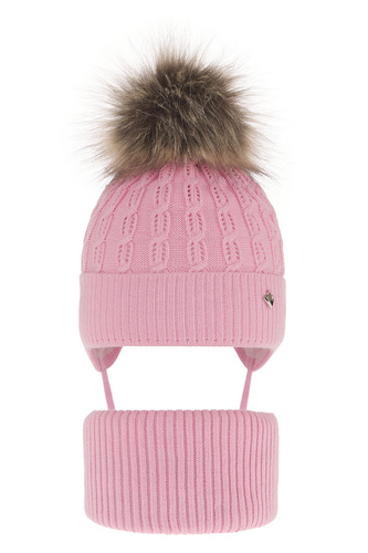 Ensemble d'hiver fille: bonnet et snood, rose, avec pompon, Tukana