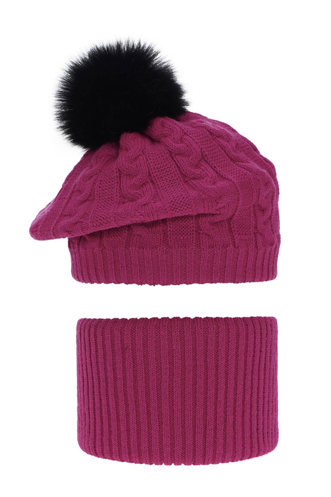 Ensemble d'hiver fille: beret et snood, rose, avec pompon, Koffi