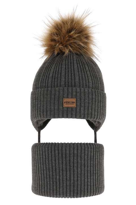 Ensemble d'hiver garçon: bonnet et snood, gris, avec pompon, Eger