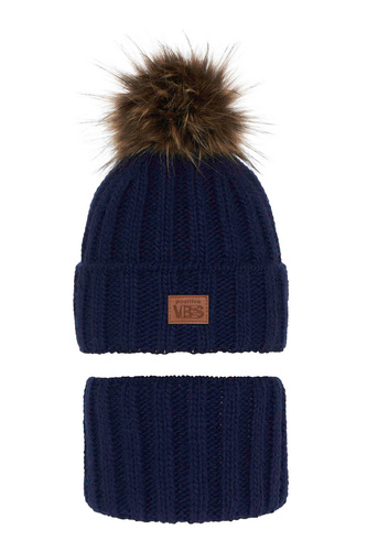 Ensemble d'hiver garçon: bonnet et snood, bleu marine, avec pompon, Remes