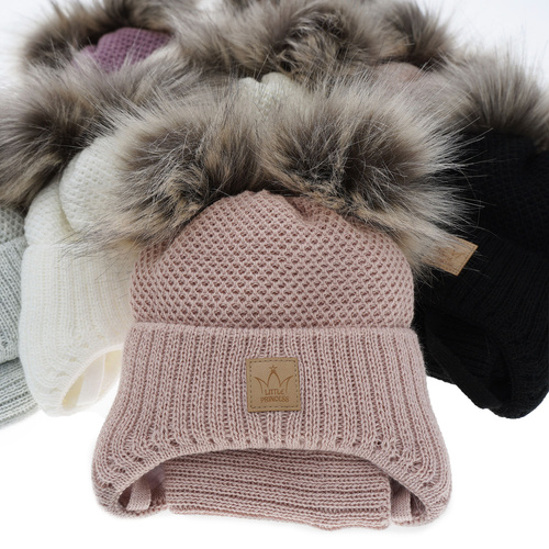 Meisjes winter set muts en buissjaal, wit, met twee pompons, Minsi