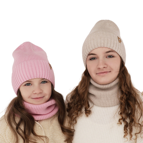 Ensemble d'hiver fille: bonnet et snood, violet, avec laine mérinos, Nelita