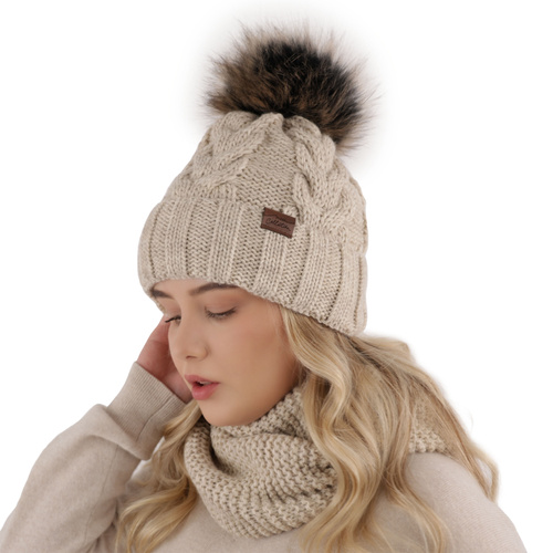 Ensemble d'hiver fille: bonnet et snood, gris, avec pompon, Torina