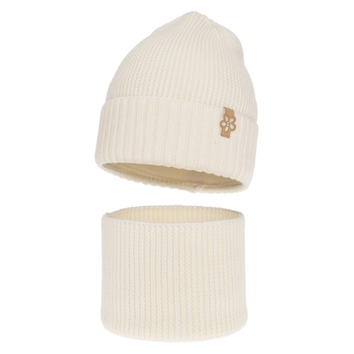Ensemble d'hiver fille: bonnet et snood, crème, avec laine mérinos, Nelita