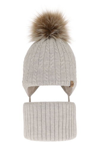 Ensemble d'hiver fille: bonnet et snood, gris, avec pompon, Loreley