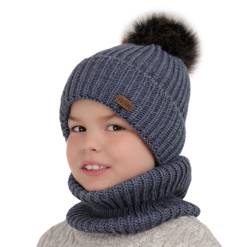 Ensemble d'hiver garçon: bonnet et snood, gris foncé, avec pompon, Wonder