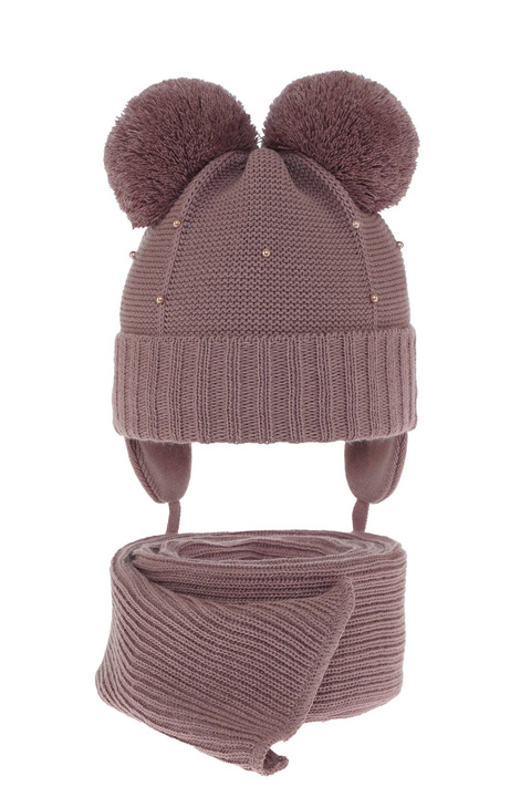 Ensemble d'hiver fille: bonnet et écharpe, violet, avec deux pompons, lié, Fibien
