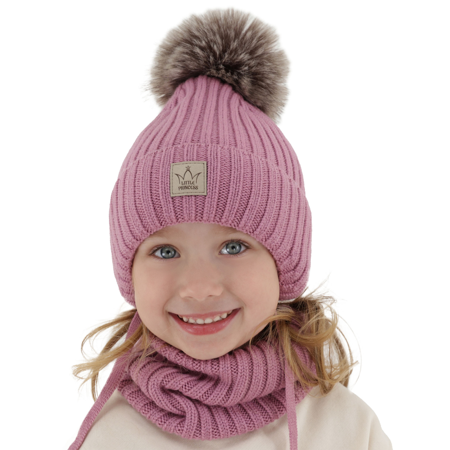 Ensemble d'hiver fille: bonnet et snood, rose clair, avec pompon, avec laine mérinos, doublé de polaire, Martina