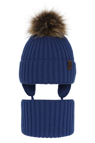 Jongens winter set muts en sjaal, blauw, met garen pompon, Puzel