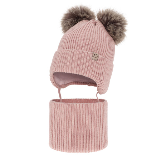 Ensemble d'hiver fille: bonnet et snood, rose, avec deux pompons, avec liens, Zori