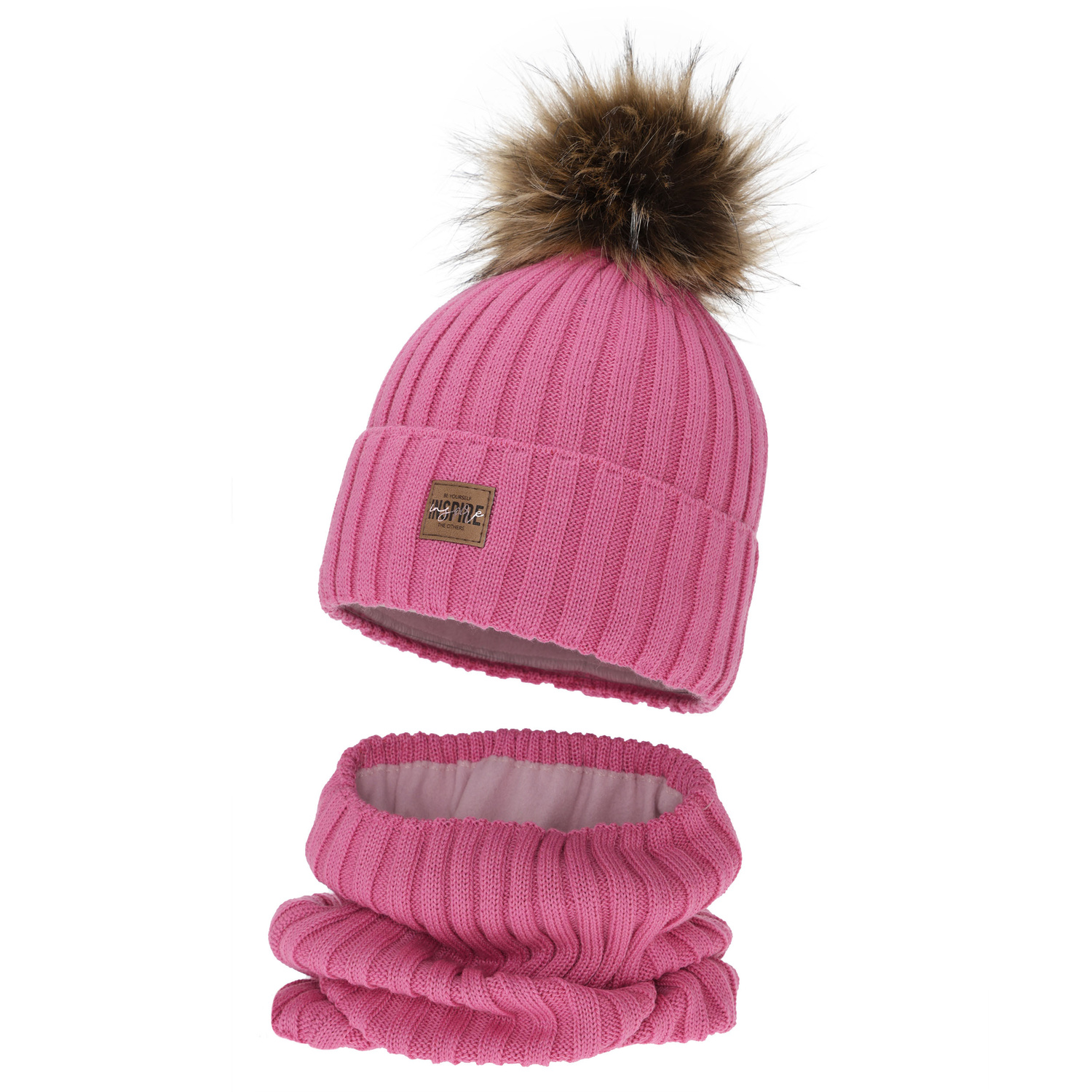 Meisjes winter set (muts en buissjaal), roze, gevoerd met fleece, met merinowol, Bellina