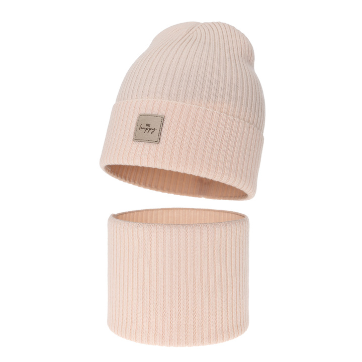 Ensemble automne/printemps fille: bonnet et snood, rose clair, avec laine mérinos, Vanita