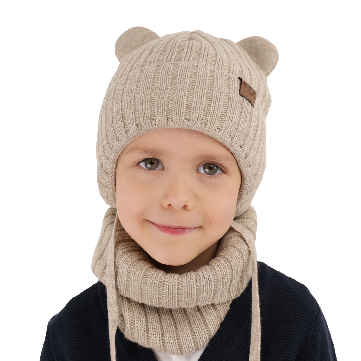 Ensemble d'hiver garçon: bonnet et snood, bleu marine, avec liens, Ferven