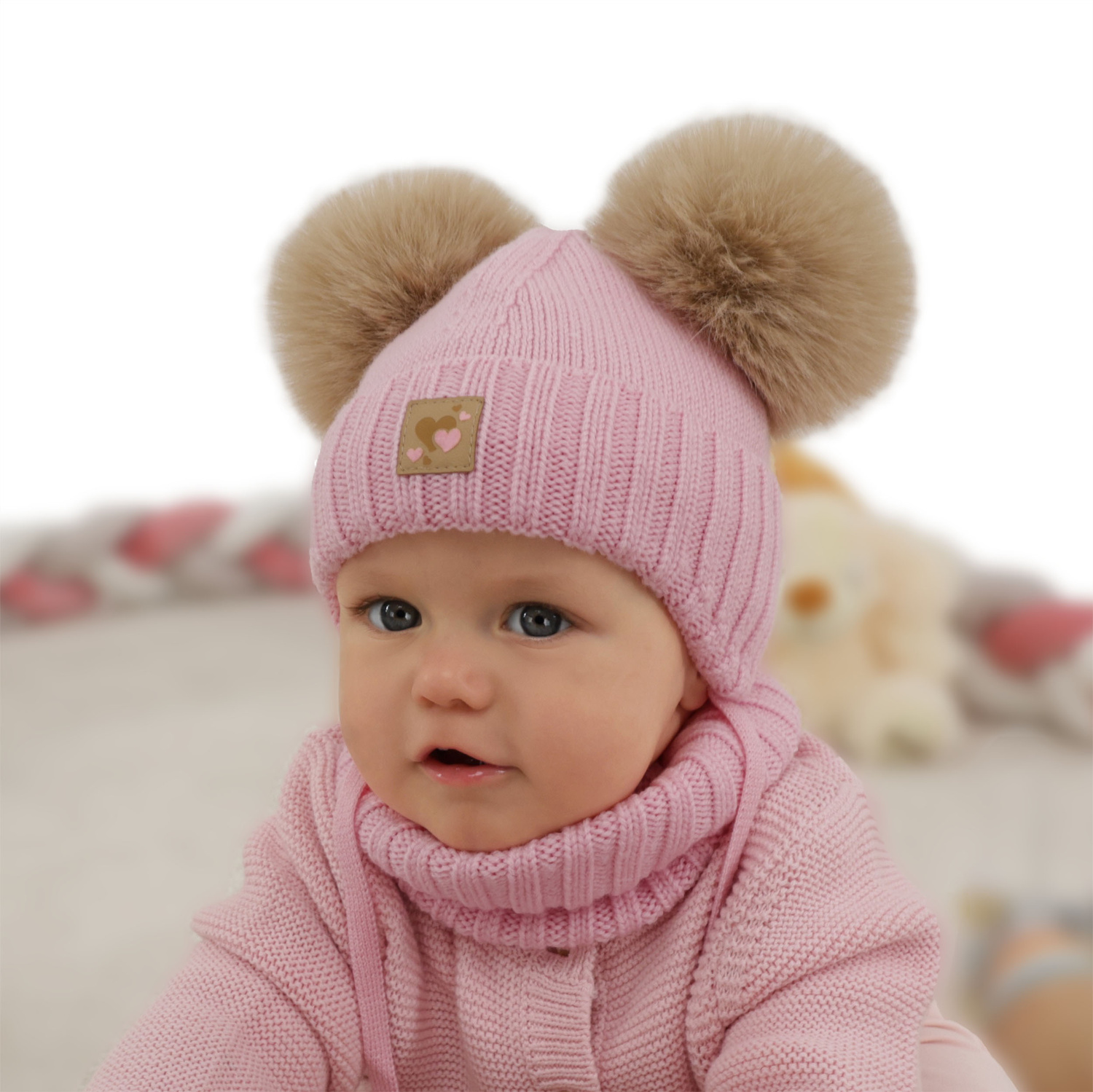 Meisjes muts en col, winter set, crème, 100% merinowol, gevoerd met wollen fleece, Ronia