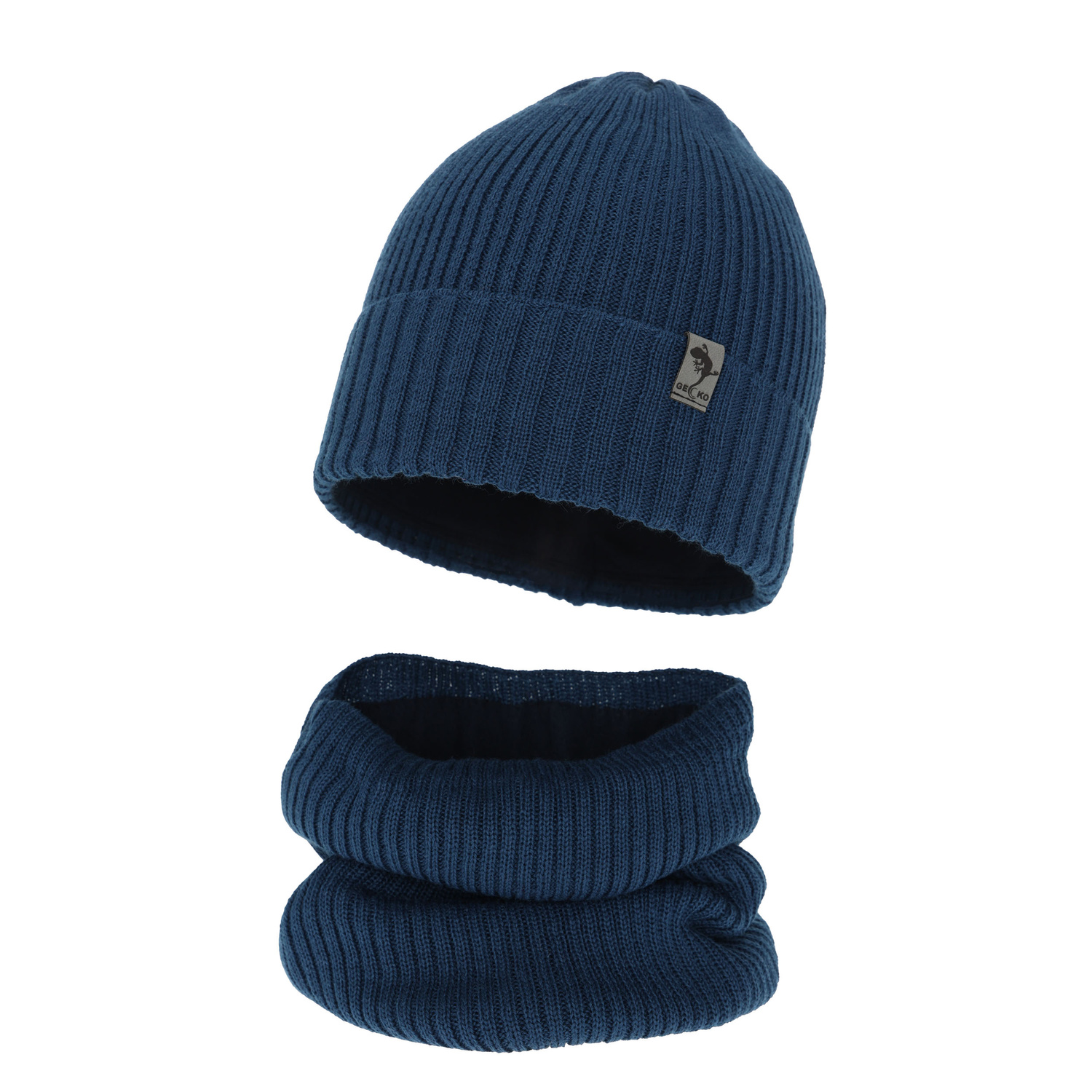 Ensemble d'hiver garçon: bonnet et snood, bleu, avec laine mérinos, Gecko
