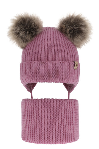 Ensemble d'hiver fille: bonnet et snood, gris, avec deux pompons, avec laine mérinos, Silvia