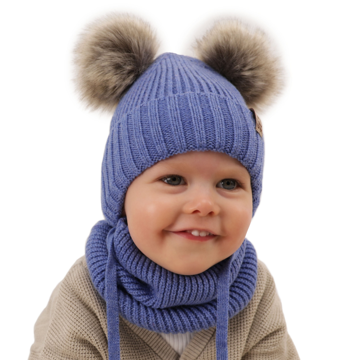 Ensemble d'hiver garçon: bonnet et snood, beige, avec laine mérinos, avec liens, Konor