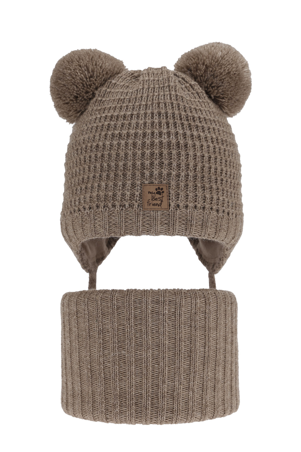 Ensemble d'hiver garçon: bonnet et snood, beige, avec deux pompons, avec liens, Krispi