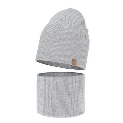 Ensemble automne/printemps fille: bonnet et snood, gris, avec laine mérinos, Ricona