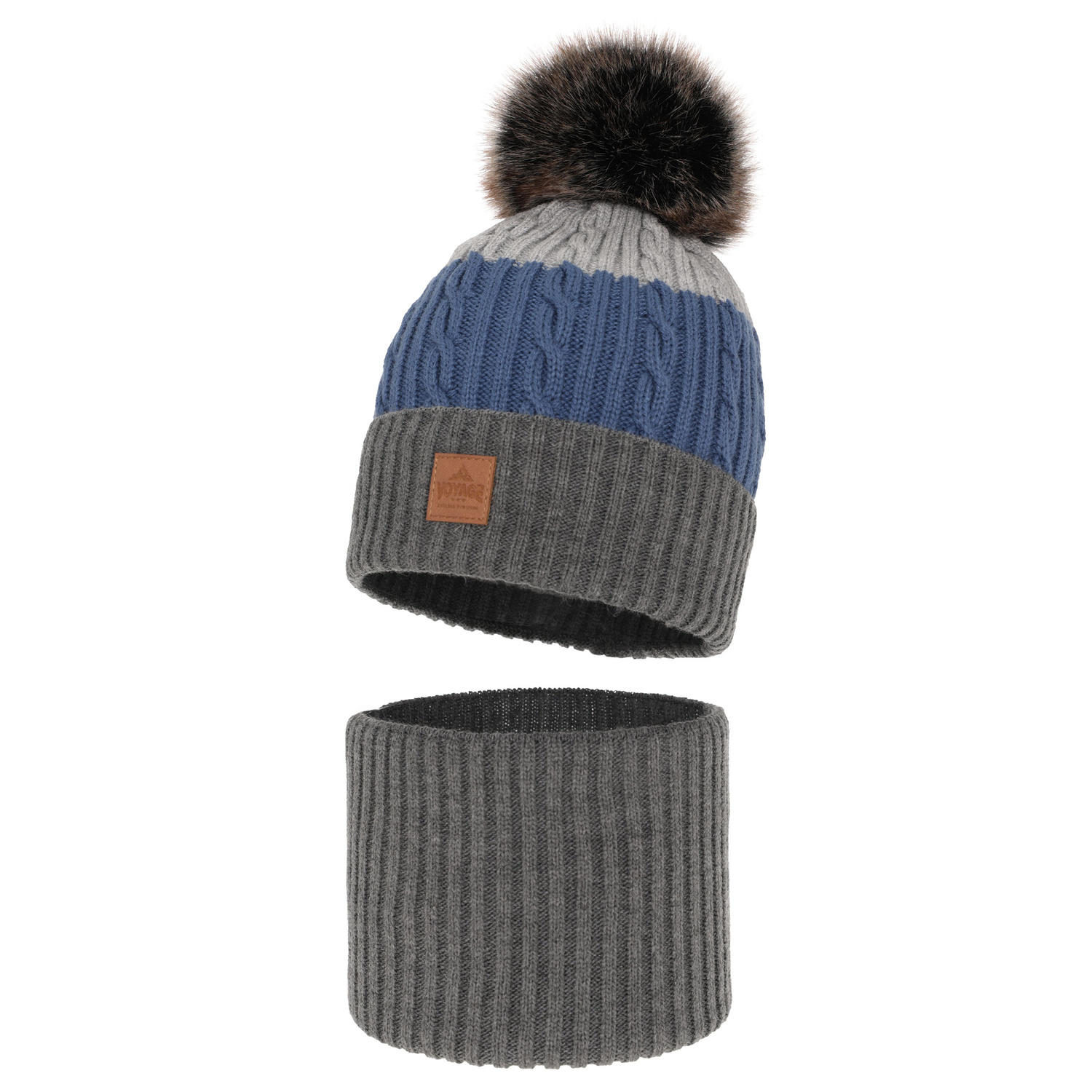 Ensemble d'hiver garçon: bonnet et snood, gris, avec pompon, Luxor