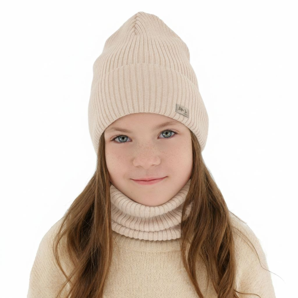 Ensemble automne/printemps fille: bonnet et snood, rose clair, avec laine mérinos, Itra