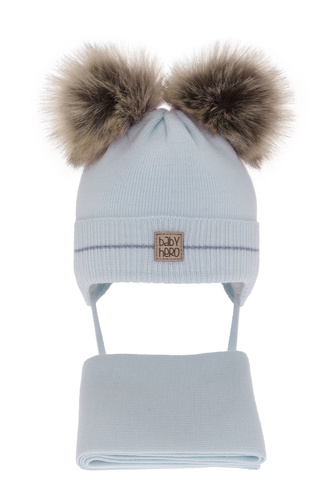 Ensemble d'hiver garçon: bonnet et écharpe, bleu, avec deux pompons, wiązany Melon