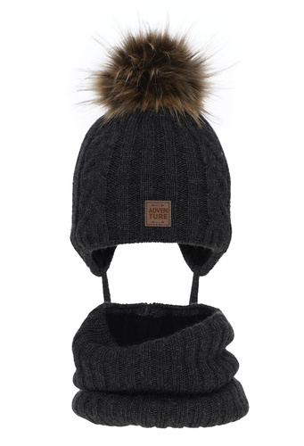 Jongens winter set muts en sjaal, grijs donker, met garen pompon, Casper