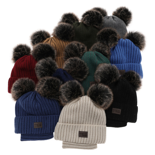 Ensemble d'hiver garçon: bonnet et snood, camel, avec deux pompons, Tokio